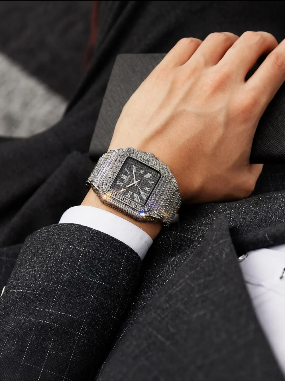 Black Simulated Diamond Bust Down Watch Stainless Steel Iced Out Roman Dial